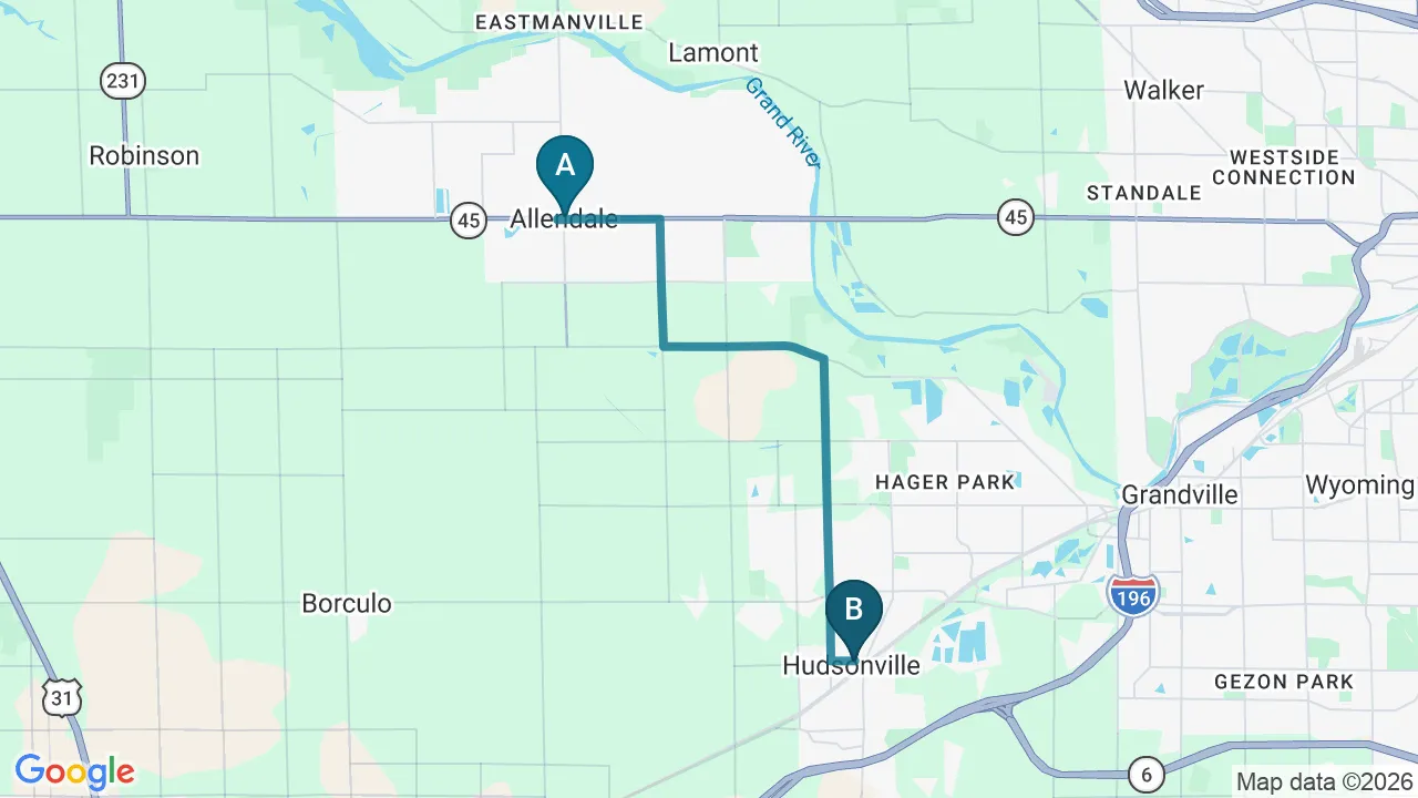 Driving directions map from Allendale, MI to Northern Roots Family Spinal Care in Clear Lake