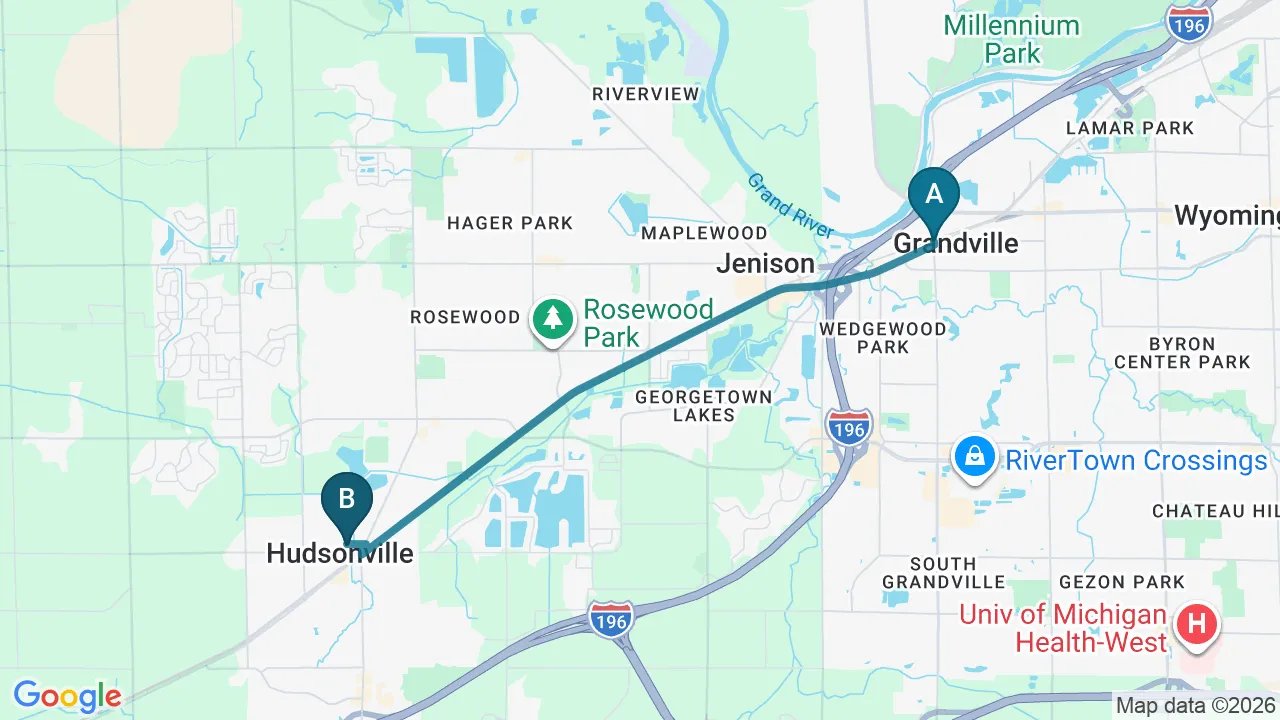 Driving directions map from Grandville, MI to Northern Roots Family Spinal Care in Clear Lake