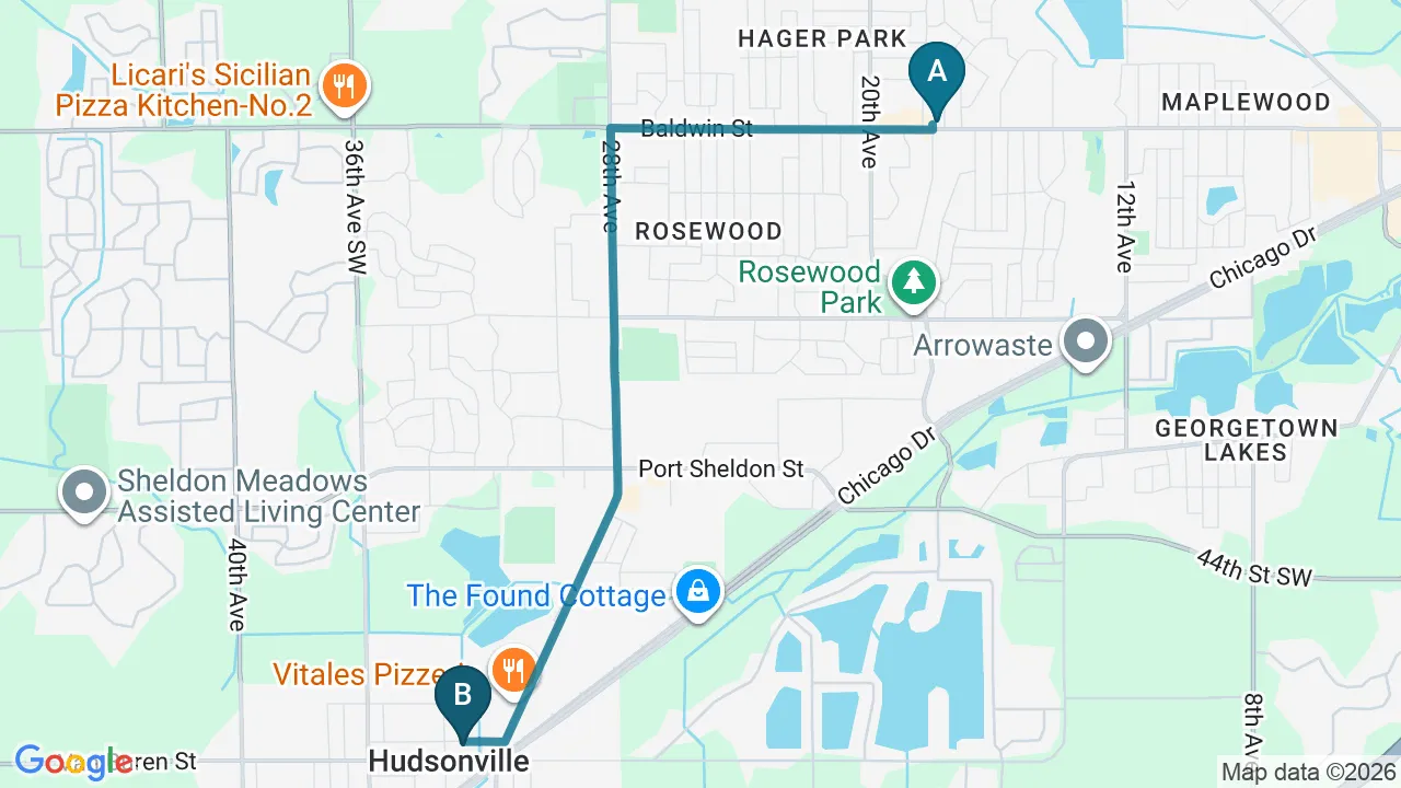Driving directions map from Jenison, MI to Northern Roots Family Spinal Care in Clear Lake