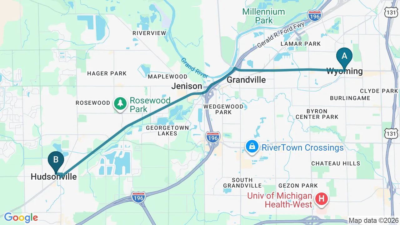 Driving directions map from Wyoming, MI to Northern Roots Family Spinal Care in Clear Lake