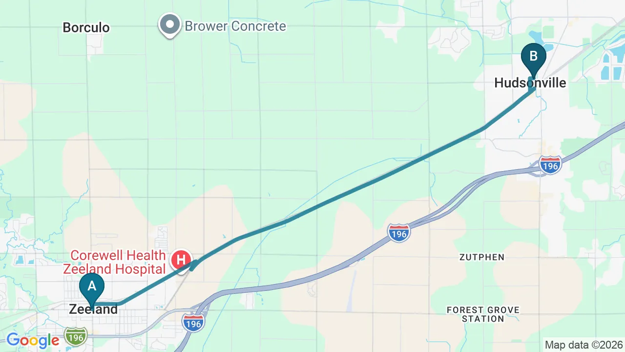 Driving directions map from Zeeland, MI to Northern Roots Family Spinal Care in Clear Lake